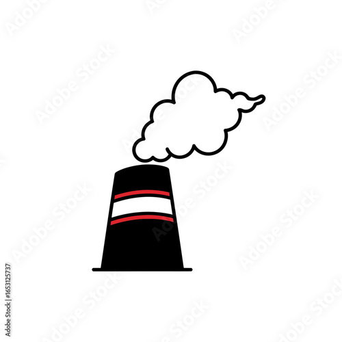 A simple graphic illustration of a black industrial smokestack with a red stripe emitting a white cloud of smoke.