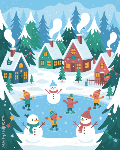 A flat vector illustration depicting a charming winter wonderland scene centered around a quaint village nestled amongst snow-covered pine trees