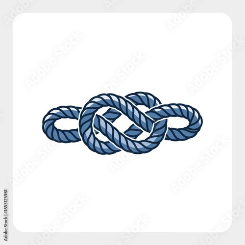Intricate blue nautical rope knot, tightly interwoven, isolated on white.