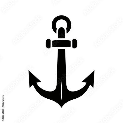 Black silhouette of a nautical anchor with a ring at the top, fluke at the bottom, and a shank in the middle, isolated on white.