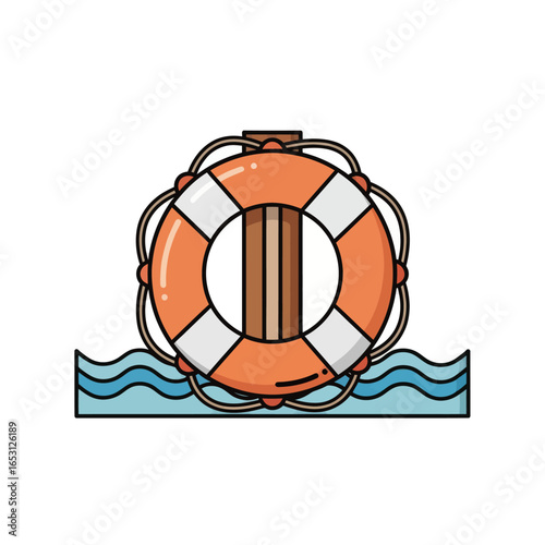 Orange and white life preserver resting on a wooden post in water.