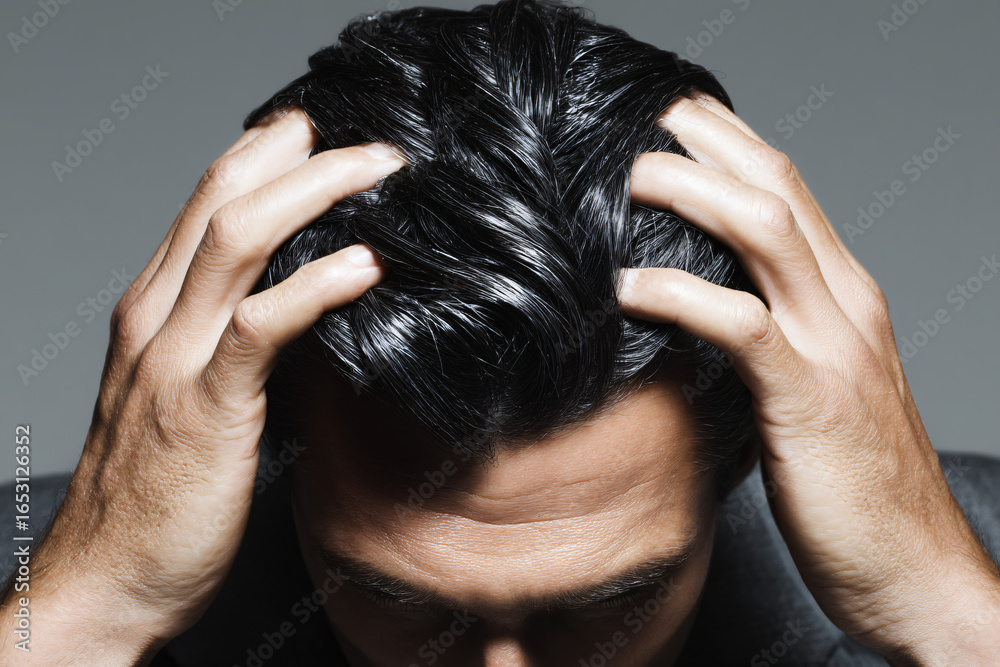 Fototapeta premium Modern Brunette Man Headshot Showing Stress Anxiety With Hands Black Studio Background Emphasizing Emotions Male Grooming Sad Expression Neat Well-Groomed Haircare Fashion Relaxed Yet Tense Look
