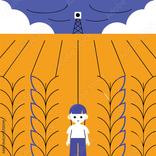 Farmer on wheat field. Vector illustration in flat design style.