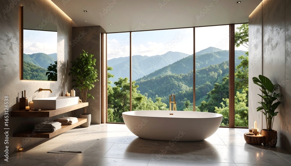 Fototapeta premium Modern bathroom with mountain view (2)