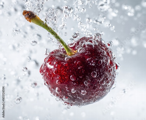 Cherry Splash Freeze Frame with Ruby Fruit and Crystal Bubbles, Emerald Stem Accent on White Background for Valentine Packaging, Cocktail Garnish or Luxury Preserve Design