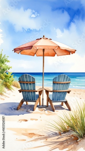 Beach chairs under a beach umbrella