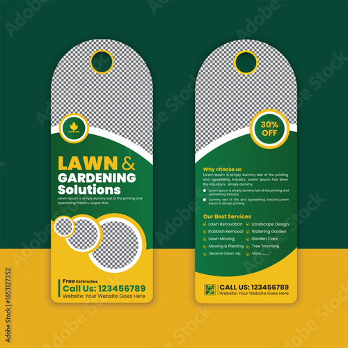 Lawn mowing and gardening, yard care, door hanger template, grass cutting, and Lawn Maintenance door hanger template layout