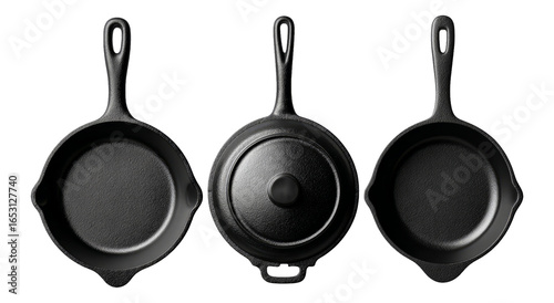 Isolated Images of Black Cast Iron Skillets on Transparent Background for Culinary Use