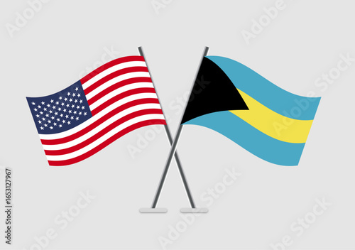 United States and Bahamas vector flags illustration with waving cloth effect