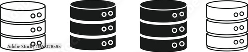 Database icon set, stacked server symbols, black and white style, tech storage illustration, data management, cloud backup, network infrastructure