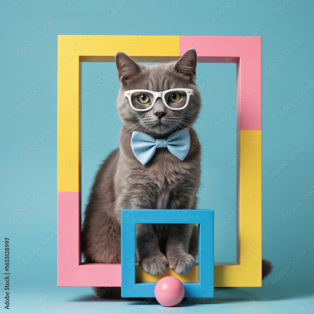 Charming cat wearing glasses and bow tie within colorful frame, set against blue pink background. Adorable pet in stylish, creative design, suitable for social media, advertising, children content. Charming cat wearing glasses and bow tie within colorful frame, set against blue pink background. Adorable pet in stylish, creative design, suitable for social media, advertising, children content.