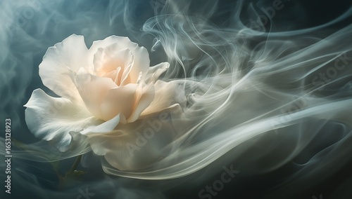 Fototapeta Naklejka Na Ścianę i Meble -  A rose with smoke swirling around it, creating an ethereal and dreamy atmosphere. The rose is in full bloom, its petals gently swaying as the light casts soft shadows on them. In the background