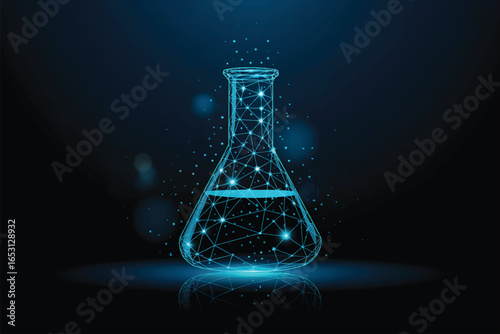 A digital illustration of a wireframe laboratory beaker rendered in a low-poly style