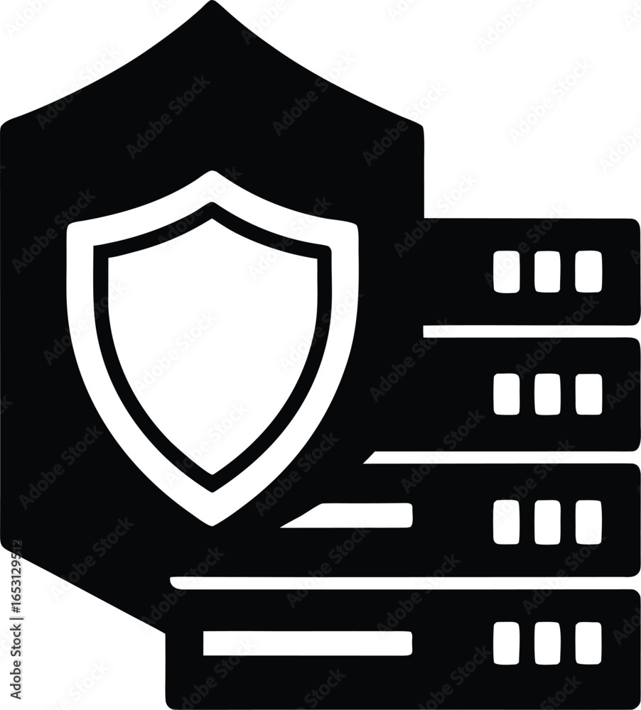 Obraz premium Black silhouette of a server rack with a shield symbol on a white background security protection