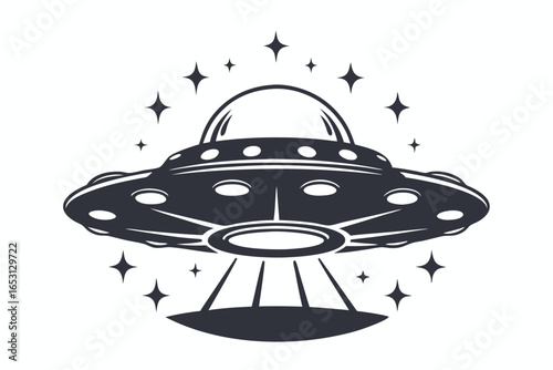 UFO on Cloudy with Scifi Detailing in Black & White and White Background