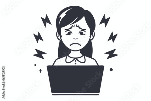 Sadness Overwhelming Depressed Woman at Laptop, with Diamond Elements