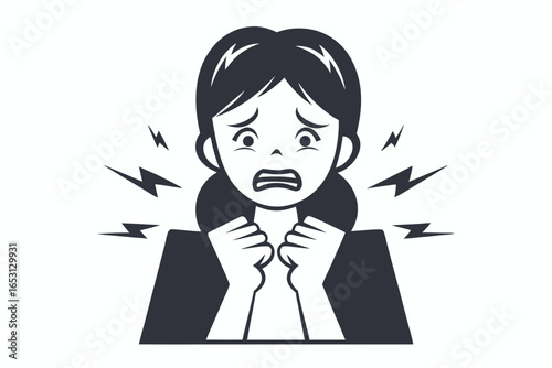 Scared Woman Hugging Knees, Anxious Character Sitting on Floor with White Background