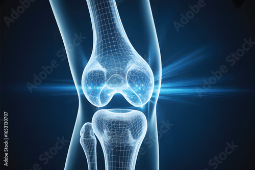 A digital medical illustration of a knee joint in a wireframe style on a deep blue background