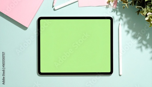Flatlay: Green Screen Tablet, Stylus, Pastel Stationery, Plant