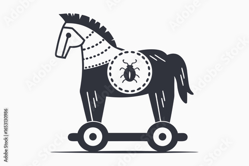 Stylized Trojan Horse Silhouette with Wheel Details on White Background