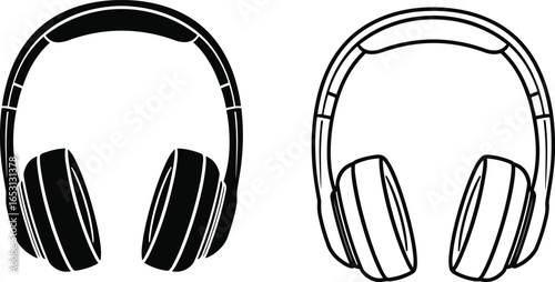 Headphones icon set with black silhouette and outline style, over‑ear audio device symbols, music, sound, listening, entertainment design illustration