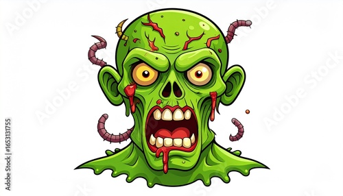 Scary Zombie Head with Rotten Green Skin and Dripping Slime - Cartoon Vector Illustration