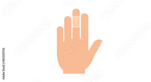 Vector illustration of a hand with an adhesive bandage on the middle finger, symbolizing injury, first aid, and medical care concept.
