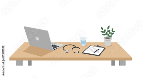 Doctor's desk with laptop and stethoscope for a modern medical consultation. Concept of telehealth, online diagnosis, and digital healthcare services.