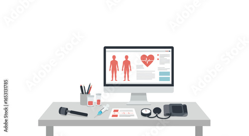 Doctor's desk with medical equipment and a computer displaying a digital health record, concept for telemedicine and online healthcare.