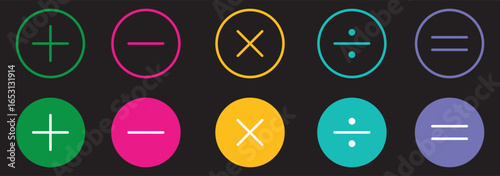Plus minus multiply divide equal icon vector in colorful style. Vector set isolated on black background. Calculator button, business finance concept in vector flat and line style.