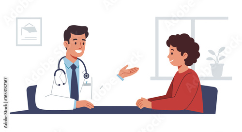 Professional doctor providing medical consultation to a young patient in a modern clinic office, emphasizing healthcare, trust, and open communication.