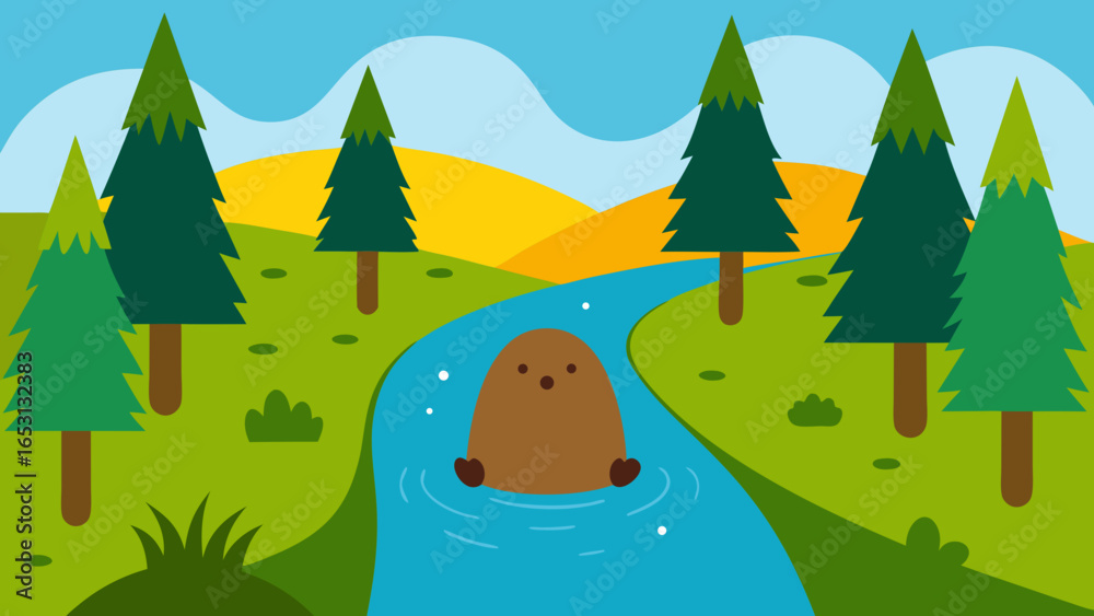 Obraz premium Cartoon Beaver Dam Small Stream Forest Wildlife Scene Illustration