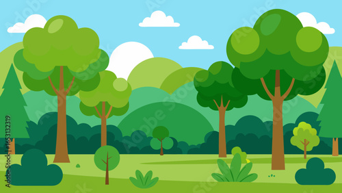 Cartoon Forest Variety Green Trees Lush Nature Scene Illustration