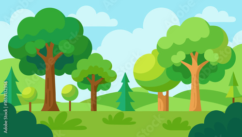 Cartoon Forest Variety Green Trees Lush Nature Scene Illustration