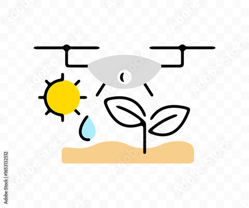 Sprout grows out of soil and drone, graphic design. Plant, seedling, climate and quadcopter, vector design and illustration