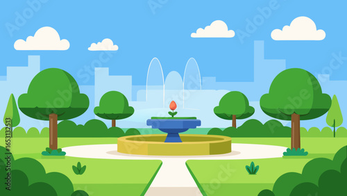 Cartoon City Park Neatly Trimmed Bushes Manicured Greenery Playful Scene