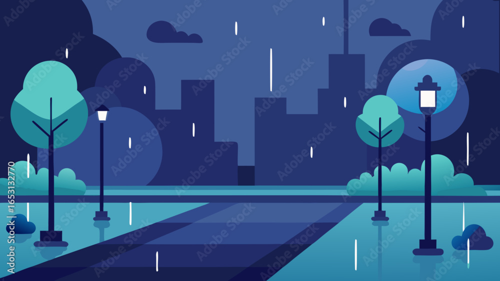 Fototapeta premium Rainy City Park Reflections Wet Trees Puddles Urban Scene Mood Atmospheric