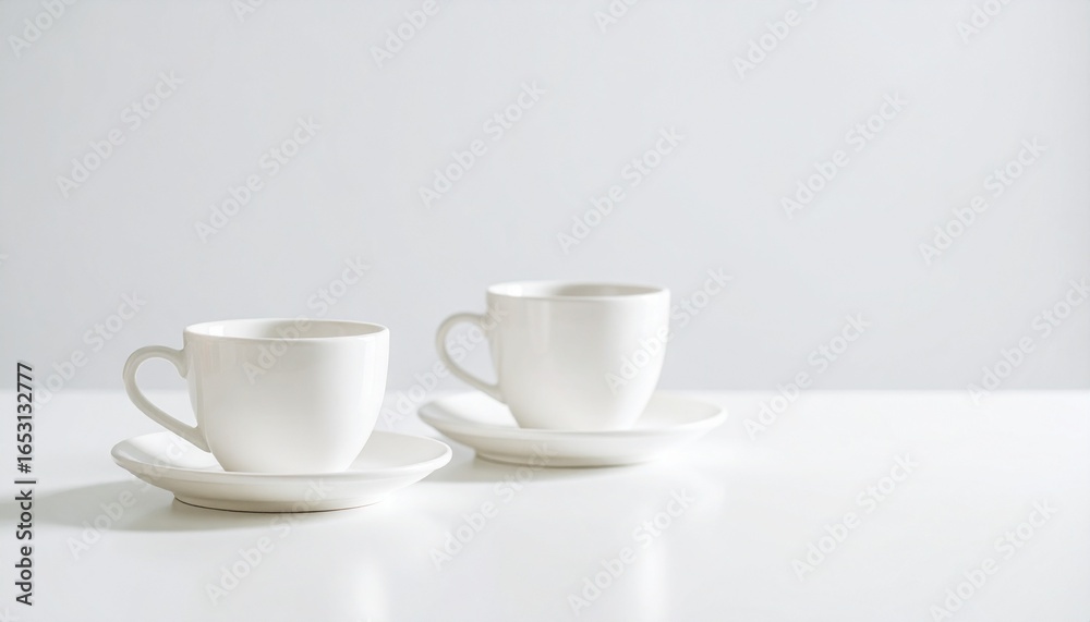 Fototapeta premium Two elegant white coffee cups with saucers arranged on a clean white surface, against a bright white backdrop, evoking simplicity and warmth.
