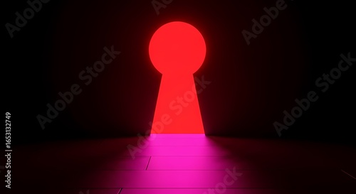 Abstract illustration of a red glowing keyhole with pink light reflecting on the floor, symbolizing mystery and hidden opportunities.