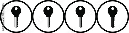 Key icons in black circle design, security and access symbol, lock and unlock concept, password protection, privacy vector graphic set