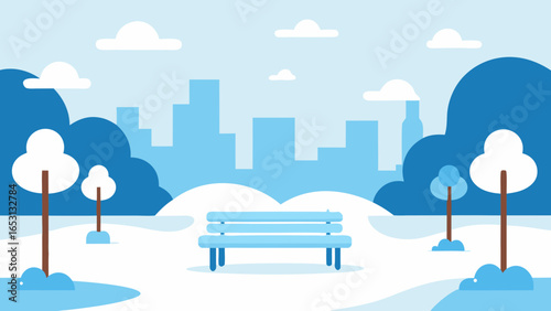 Winter City Park Snow Covered Benches Trees Cozy Urban Landscape Scenic View