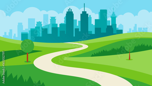 Peaceful City Park Winding Pathway Green Lawns Tranquil Urban Outdoor Retreat