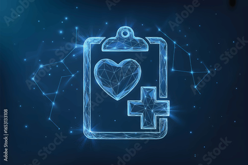 A holographic medical history icon design on a deep blue background