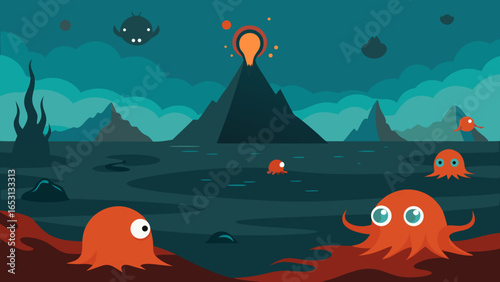 Deep Sea Landscape on the Ocean Floor with Volcanic Vents Underwater
