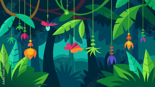Deep Jungle with Hanging Vines and Exotic Colorful Flowers Nature