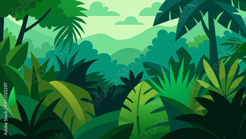 Dense Vibrant Jungle Scene with Layers of Lush Foliage Tropical Nature