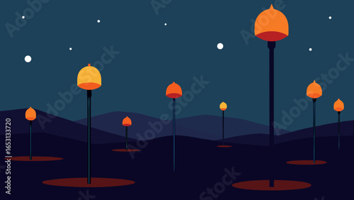 Fantasy Field of Lamps Growing from Ground and Lighting Nature