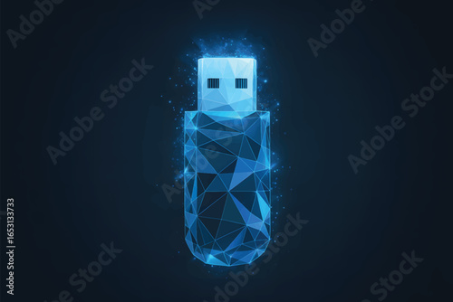 A low-poly 3D render of a USB flash drive in a deep blue color against a black background