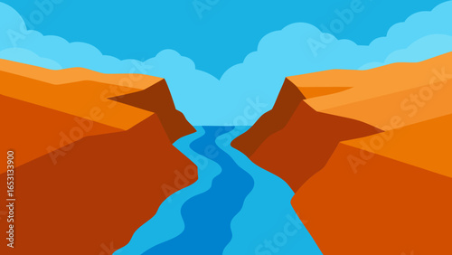 Flat Vector Illustration of a Deep Canyon with River Nature Landscape