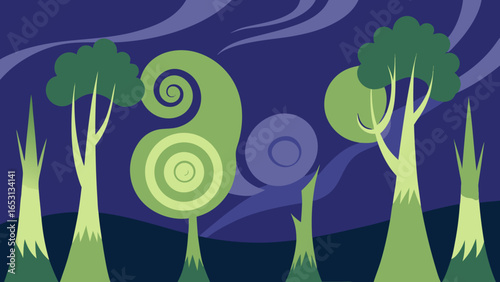 Enchanted Forest Trees Whispering Secrets Mystical Nature Landscape Illustration